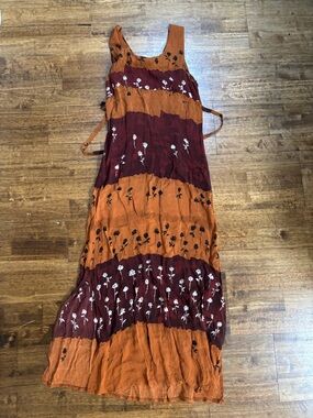 Vintage Maxi Dress in Burgundy and Rust Orange